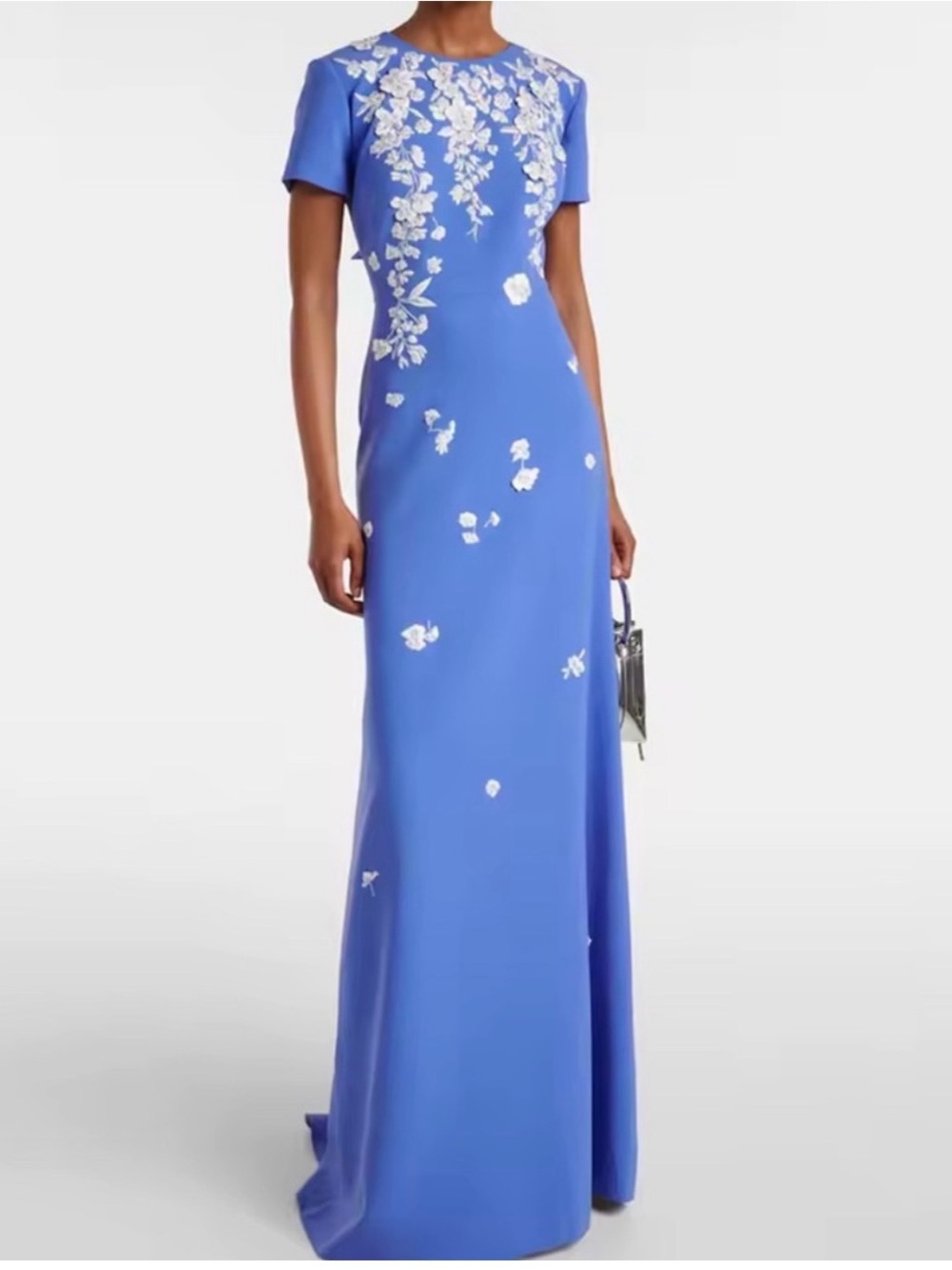 Carolina Herrera Delphine Blue Maxi Dress with White Floral Appliqué and 3 bows